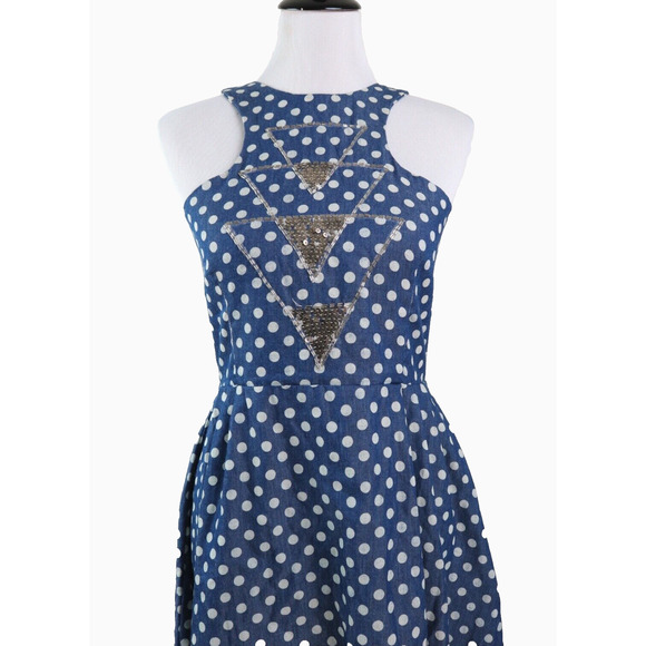 Fairground Size L Polka Dot Fit & Flare Dress Geometric Sequin Blue - Picture 7 of 10